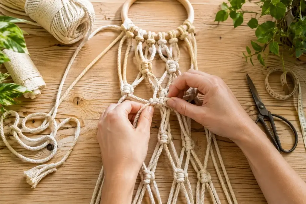 Mãos fazendo nós em fios de algodão para montar um suporte de macramê para plantas.