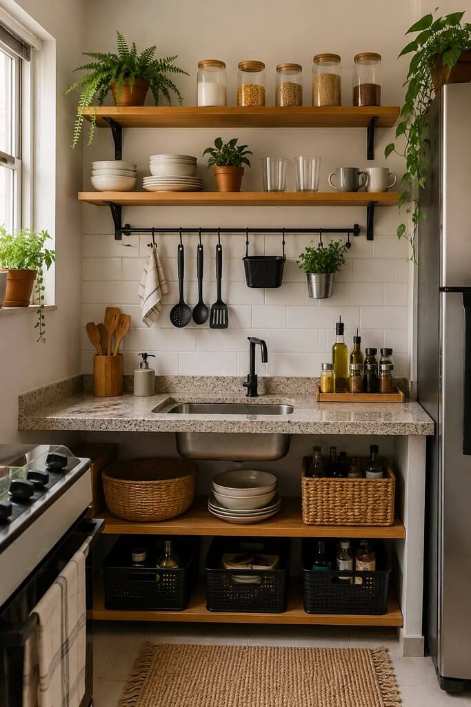 Cozinha pequena sem armários organizada com prateleiras abertas.