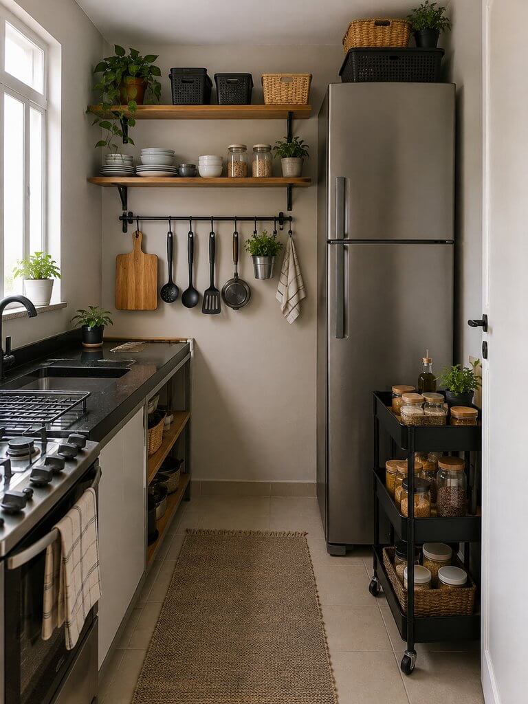 Organização de cozinha pequena sem armários usando prateleiras, ganchos e caixas.